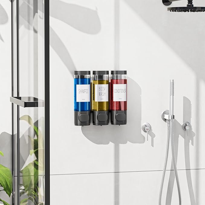 VITVITI Shampoo and Conditioner Dispenser for Shower Wall, Shower Soap Dispenser 3 Chamber No Drill Wall Mounted, 10.2 OZ Plastic Refillable Shower/Body Wash Bottles for Bathroom (Gun Gray)