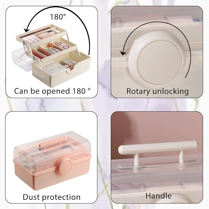 Pink Makeup Storage, Pink Tackle box for Women with Handle. Cosmetic Storage Box Organizer, Portable 3 Layers Makeup Case for Home