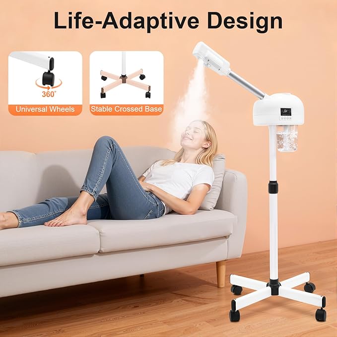 Professional Facial Steamer, Face Steamer for Facial with Hot Mist Function, Free-Standing Ozone Facial Steamer On Wheels, 360° Rotatable Nozzle for Beauty Salon or Home (110)