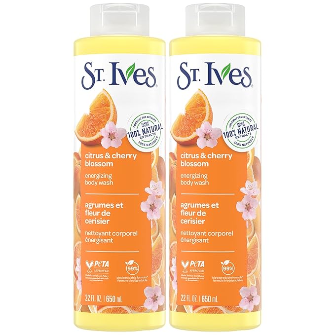 St. Ives Body Wash, Citrus & Cherry Blossom Energizing Shower Gel 2-Pack, 100% Natural Extracts, Cruelty-Free, 22 Oz Ea