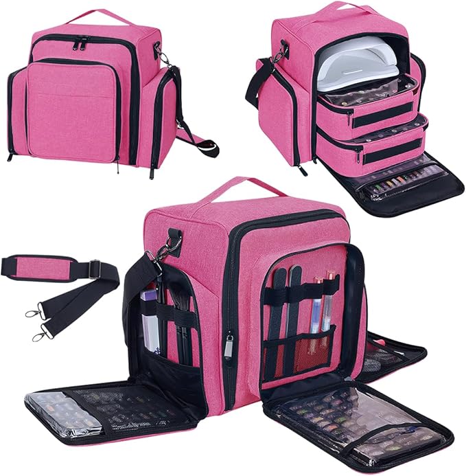 Nail Polish Organizer Holds 60 Bottles and a Nail Lamp,Portable Travel Case with 2 Removable Bags and Tools Storage Pockets Rose Red