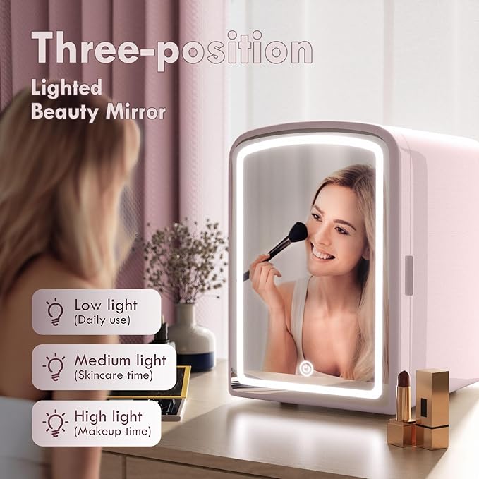 4L Mini Skincare Fridge with Dimmable LED Mirror, Portable Beauty Refrigerator for Makeup, Cosmetic, Personal Small Refrigerator with Cooler and Warmer for Bedroom, Office and Car(Pink)