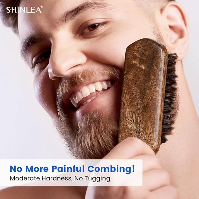 Boar Bristle Hair Brush for Men, Beard Brush with Wooden Handle for Beards Mustaches Grooming, and Soften Facial Hair, Slick Back Hair Brush for Thick & Fine Hair, Great Gift