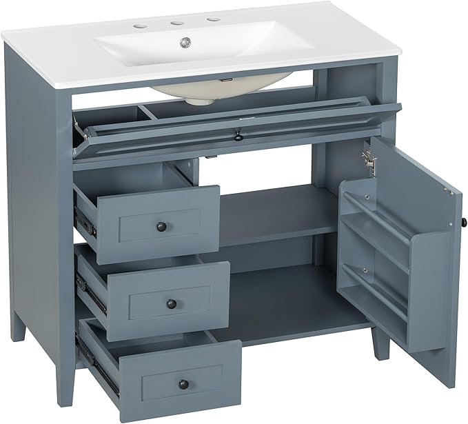 Harper & Bright Designs 36" Bathroom Vanity with Sink, Free Standing Vanity Set with 4 Drawers, Storage Racks, and Adjustable Shelf, Wood Bathroom Cabinet with Ceramic Basin for Bathroom, Blue Grey