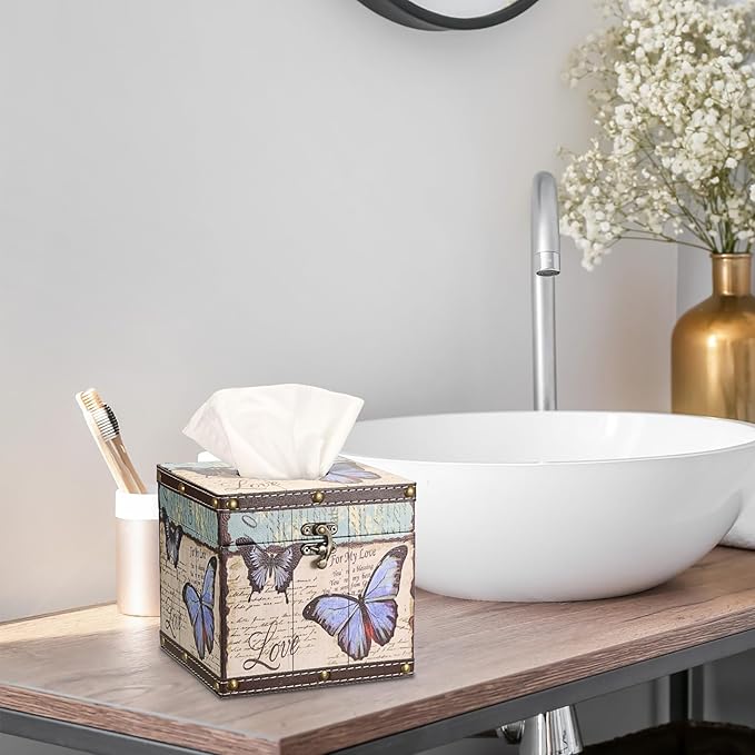 Sumnacon Tissue Box Retro Wood Square Tissue Box Cover Vintage Cube Tissue Box Holder,Decorative Tissue Holder for Bedroom Bathroom Toilet Table Desk Car Store Office Home,Beige White+Blue