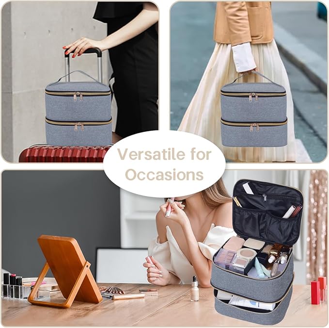 Double Layer Makeup Bag Portable Large Cosmetic Case Organizer with Adjustable Dividers Storage Travel Bag for Accessories Brushes Conditioner and Skin Care Products (Gray Gold)
