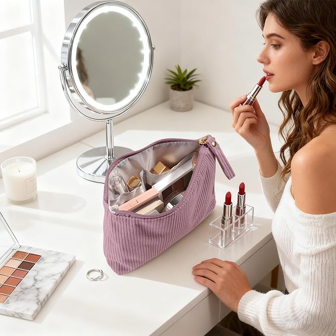 MAGEFY Small Makeup Bag, Corduroy Small Pouches for Purse Cosmetic Bag Makeup Pouches for Key Pocket Lipstick Bag Card Holder Data Cable Organizer(Pink,Small)