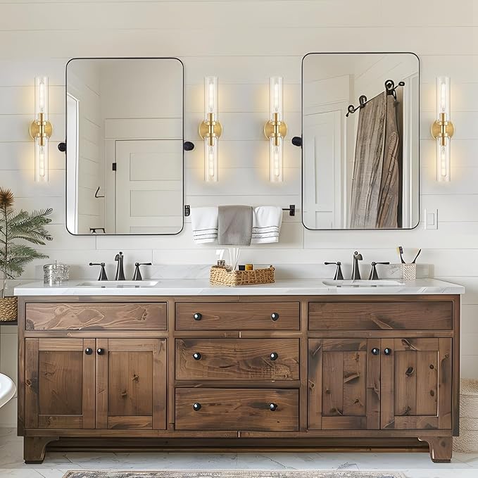 2 Light Bathroom Wall Sconce Set of 2,Modern Farmhouse Brushed Brass Gold Bathroom Light Fixture Over Mirror with Clear Glass Shade,Vanity Light for Hallway Cabinet Bedroom Stairway Porch