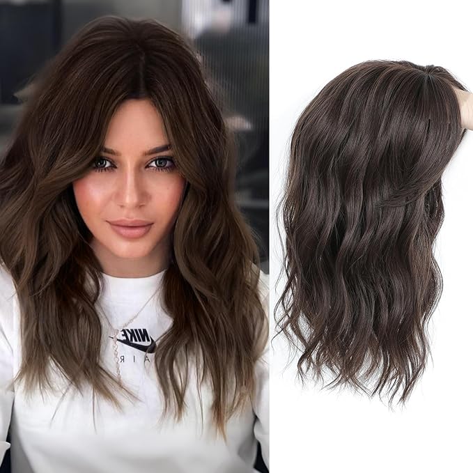 PANEWAY Hair Topper 16 Inch, Wavy Curly Soft Brown Clip-in Wiglet for Women, Synthetic Top Piece to Add Volume & Thickness