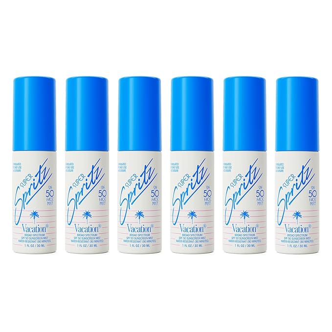 Vacation Mini Super Spritz SPF 50, Water-Resistant, Daily Face Sunscreen Spray, Mini Setting Spray, Non-Comedogenic, Vegan, Travel Size, 1 Fl. Oz. (Value Pack of 6)