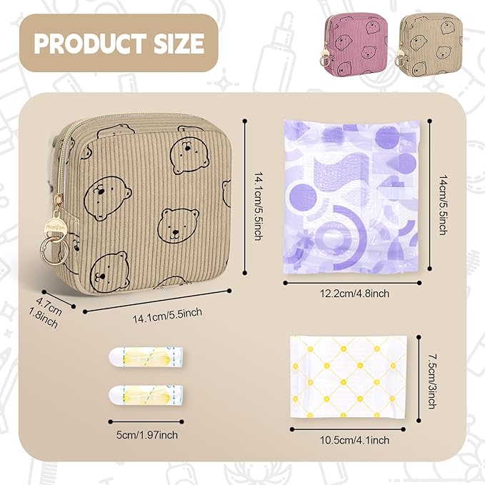 Period Bag for Teen Girls, Corduroy Sanitary Napkin Storage Bag, Menstrual Pad Pouches Tampon Holder for Purse (Bears-Pink)