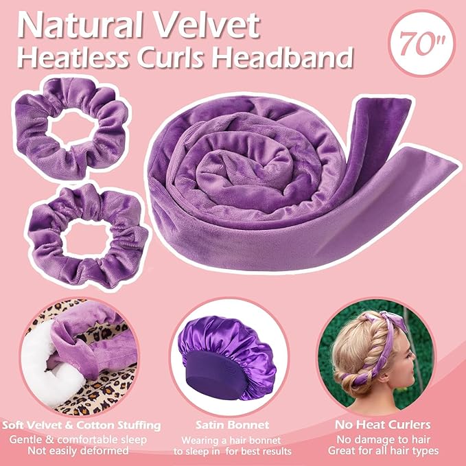 Heatless Curls Overnight Headband, 70'' No Heat Hair Curlers with Hair Bonnet for Sleeping, Light Purple