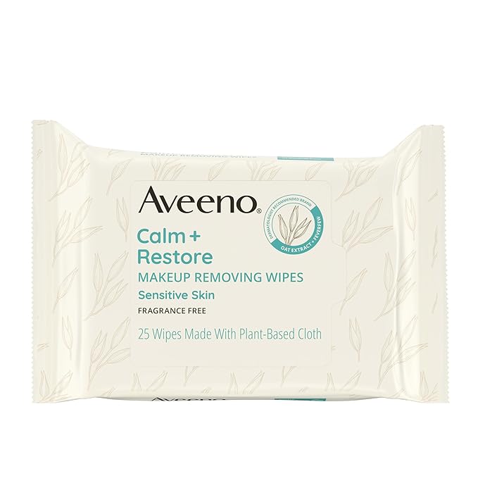 Aveeno Calm + Restore Unscented Makeup Remover Face Wipes, Fragrance Free Facial Cleansing Towelettes with Oat Extract & Calming Feverfew Leave Skin Feeling Soothed, Alcohol Free, 25 ct (Pack of 6)