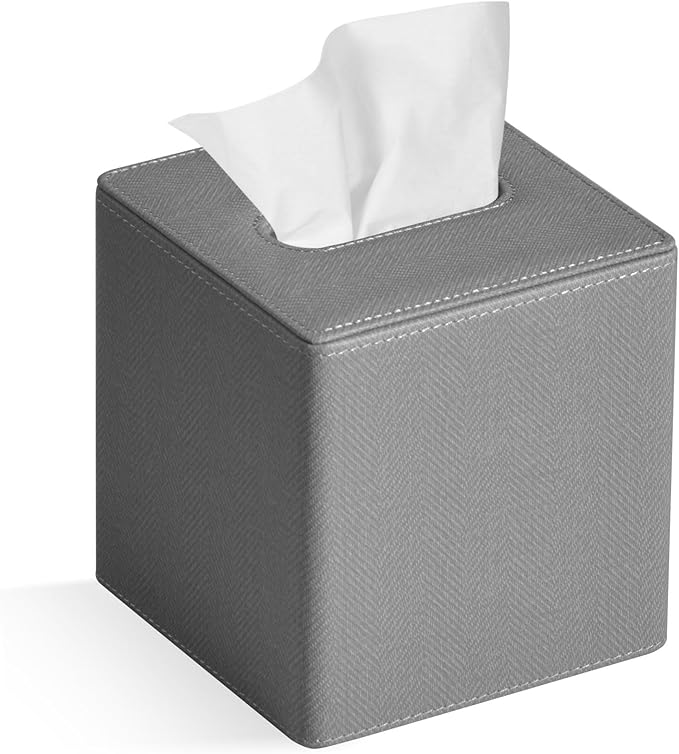 Tissue Box Cover Square PU Leather Facial Tissue Box Holder for Dresser Bathroom Decor (Linen Grey)