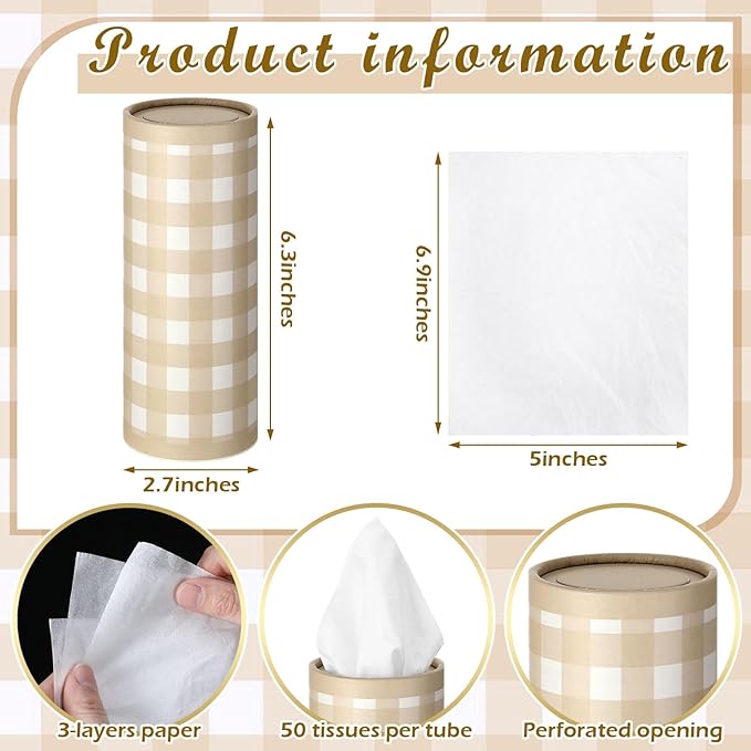 12 Set Green Plaid Tissue Boxes for Car Cylinder Bulk Fresh Plaid Round Cylinder Holder with 3 Ply Facial Tissues for Spring Summer Travel Bathroom Office Decoration