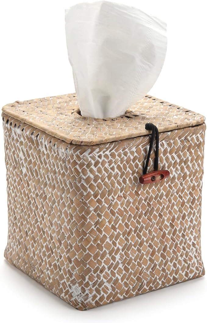 Tissue Box Cover Square, Seagrass Tissue Box Holder, Woven Facial Tissue Holder, Rattan Wicker Tissue Box, Decorative Tissue Cover for Dinner Table, Living Room, Bathroom, Bedroom, Office (Whitewash)