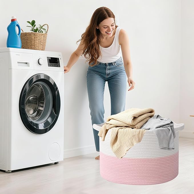 115L Large Blanket Basket,23.6" L x 23.6" W x 15.7" H Rope Woven Baskets with Handles, Toys Storage Bins,Laundry Basket Perfect for Living Room, Nursery,Bedroom,Home Organization,White&Pink
