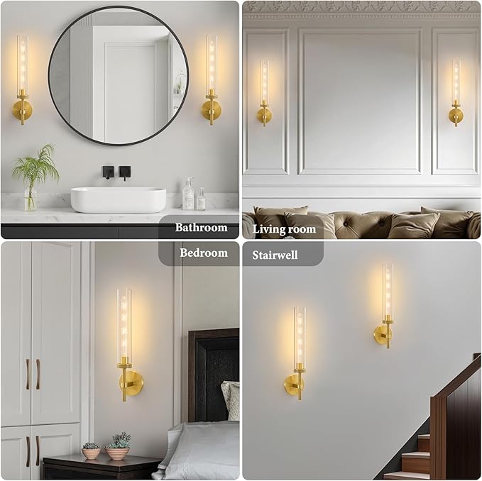 Brass Knurled Tube Wall Sconce - Set of 2 Luxury Modern Glass Sconces with Bulbs - Gold Dimmable Indoor Lighting - Vertical Mounted Light Fixture for Vanity Mirror Bathroom Bedroom Living Room Hallway