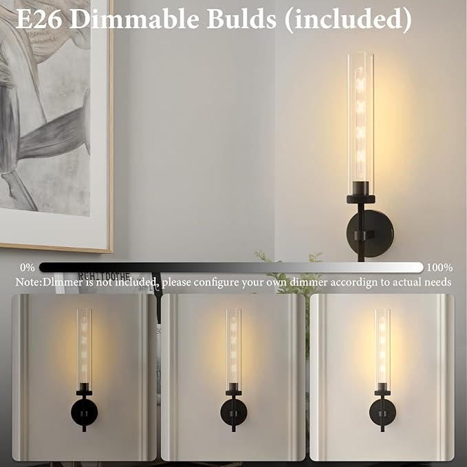 Brass Knurled Tube Wall Sconce - Luxury Modern Glass Sconces with Bulbs - Black Dimmable Indoor Lighting - Vertical Mounted Light Fixture for Vanity Mirror Bathroom Bedroom Living Room Hallway