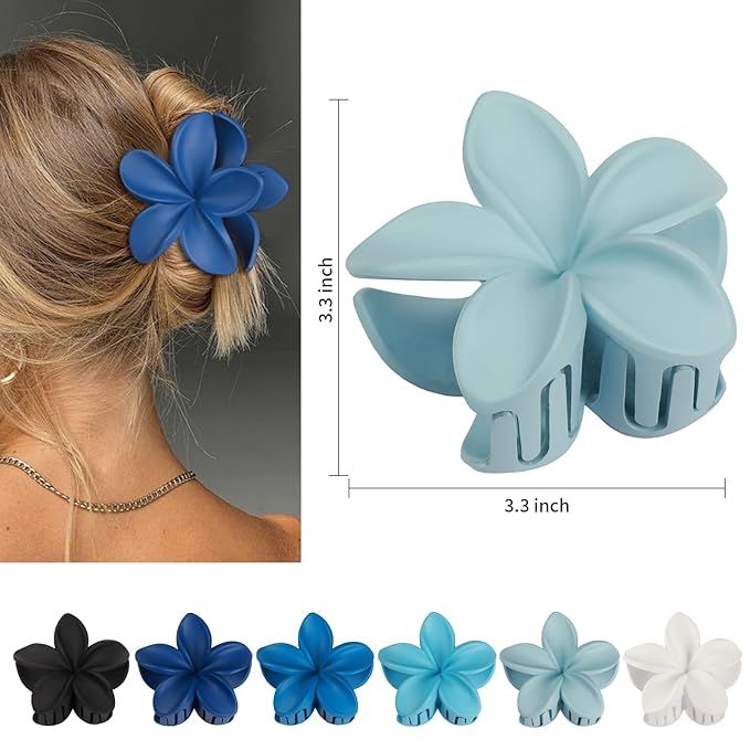 Flower Hair Clips 6 PCS Hawaiian Claw Clips for Vacation Hibiscus Hair Claw Cute Large Hair Clips for Thick and Thin Hair Plumeria Hair Accessories for Women Girls -Blue