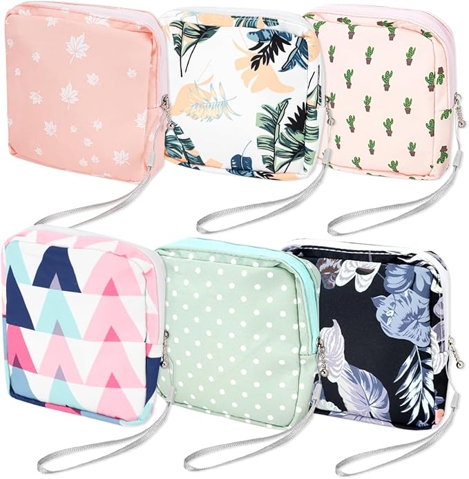 6 Pcs Sanitary Napkin Storage Bag, Portable Waterproof Period Pouch with Zipper, Small First Period Pad Bag Feminine Care with Lanyards for Women Teen Girls School Office Supplies