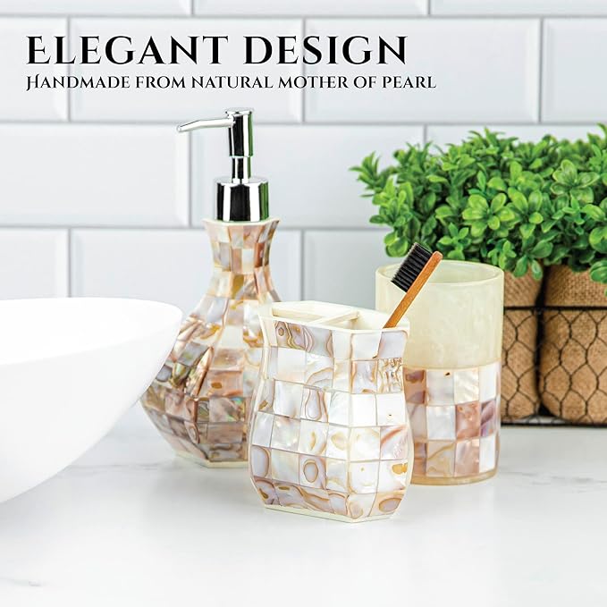 Milano Bathroom Accessories Set - 4 Piece Bathroom Accessory Set with Natural Mother of Pearl Shells - Decorative Bathroom Set Includes: Soap Dispenser, Toothbrush Holder, Tumbler and Soap Dish