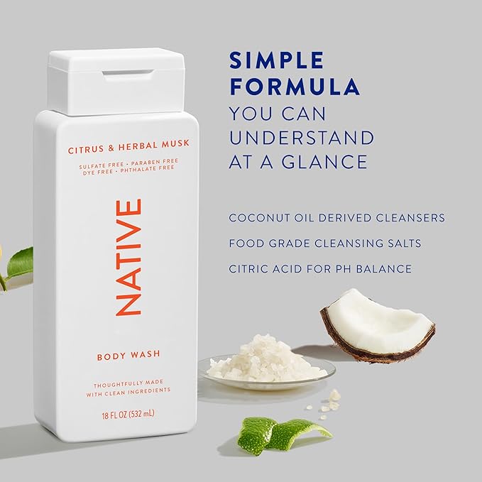 Native Body Wash Contains Naturally Derived Ingredients | For Women & Men, Sulfate, Paraben, & Dye Free Leaving Skin Soft and Hydrated | Citrus & Herbal Musk 18 oz