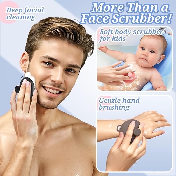 Silicone Face & Back Scrubber Set, Manual Face & Body Scrubber Exfoliator with Soft Bristles and Non-Slip Handle, Back Brush Bath Brush with 2 Detachable Brush Heads(3PCS Black Set)
