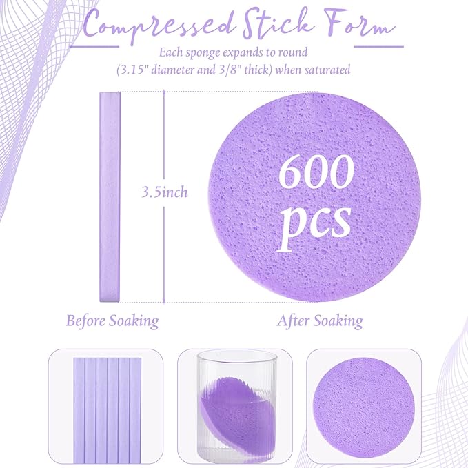 Foaincore 600 Pieces Compressed Facial Sponge Round Facial Sponge for Estheticians Face Sponges for Cleansing Makeup Removal Wash Pads Disposable Sponges for Women Spa Exfoliating Cleansing(Purple)