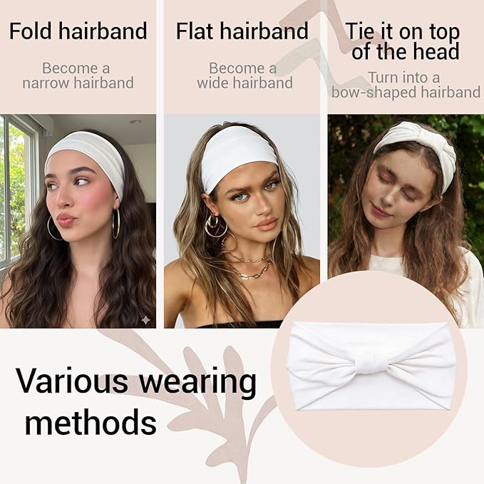 2 Pack White Wide Headbands for Women - Thick Stretchy Non Slip Fabric Sweat Bands, Soft Hair Bands for Workout, Running, Spa, Makeup & Washing Face