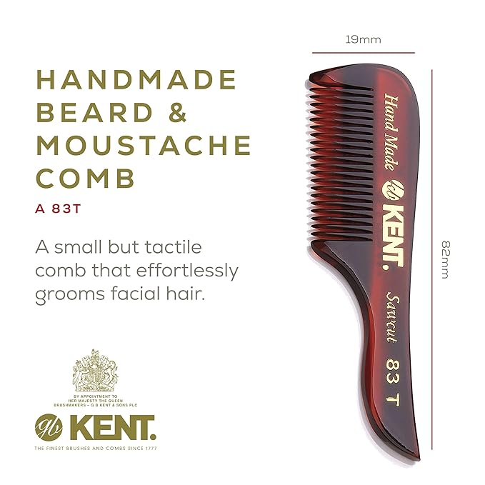 Kent 83T Small Gentleman's Beard and Mustache Pocket Comb, Fine Toothed Pocket Size for Facial Hair Grooming and Styling. Saw-cut of Quality Cellulose Acetate, Hand Polished. Hand-Made in England