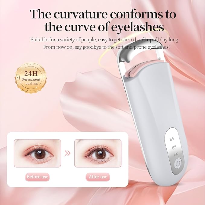 Heated Eyelash Curler for Natural Lashes 2-Level Adjustable Temperature Mini Electric Lash Curler Fast 3-Second Heat Up 24 Hours Long-Lasting Curl
