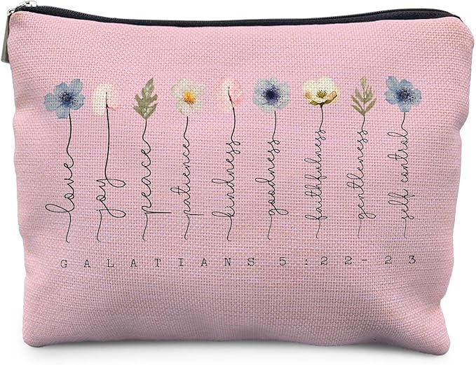 Christian Gifts Makeup Bag, Floral Christian Cosmetic Bags for Women, Galatians 5:22-23 Bible Verse Makeup Pouch, Faith Based Gifts Zipper Pouch(pink)
