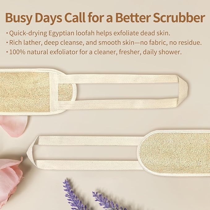 Natural Egyptian Loofah Back Scrubber for Shower,Extra Rough,Deep Exfoliating,Rich Foam,Quick Drying Dual-Handle Strap Exfoliator for Men and Women