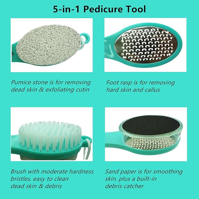 Foot File Callus Remover 5-in-1, 2 Pcs Feet Scraper Pedicure Tools with Pumice Stone, Scrubber Brush, Stainless Steel Foot Rasp and Sand Paper Debris Catcher, Multi Purpose, Cyan