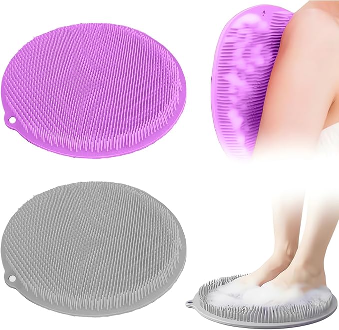 2 Pack Shower Foot Scrubber & Shower Back Scrubber Wall Mounted with Delicate Brush,Gentle Exfoliation Non-Slip Foot Scrubber Mat (Gray and Purple)