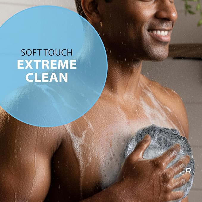 SHOWER BOUQUET Loofah-Charcoal Bath-Sponge-4-Pack // Extra-Large 75g Soft Mesh Black Loofa Lufa Loufa Luffa Puff Set/Exfoliating Body Scrubber for Women and Men - Exfoliate & Soothe Face & Body