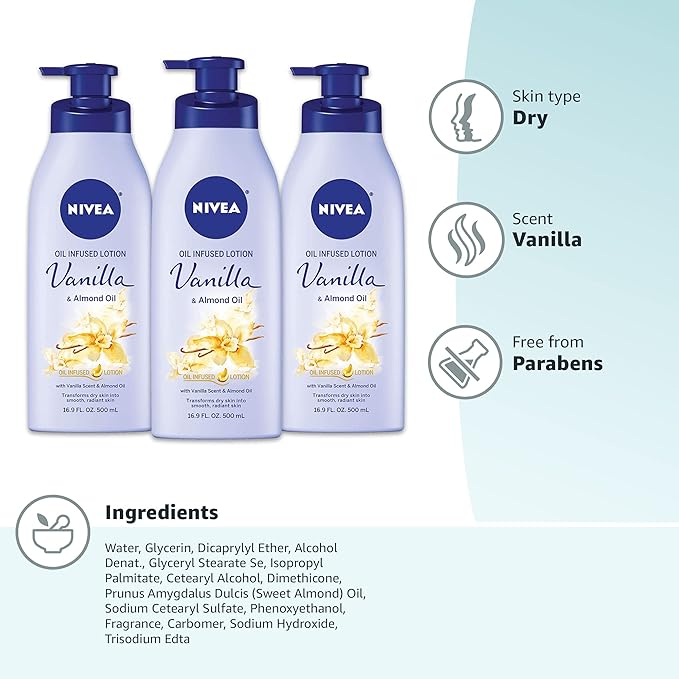 NIVEA Oil Infused Vanilla and Almond Oil Body Lotion for Women,Fast-Absorbing and Non-Greasy Vanilla Scented Lotion Moisturizes for 48 Hours,16.9 Fl Oz Pump Bottle,(Pack of 6)