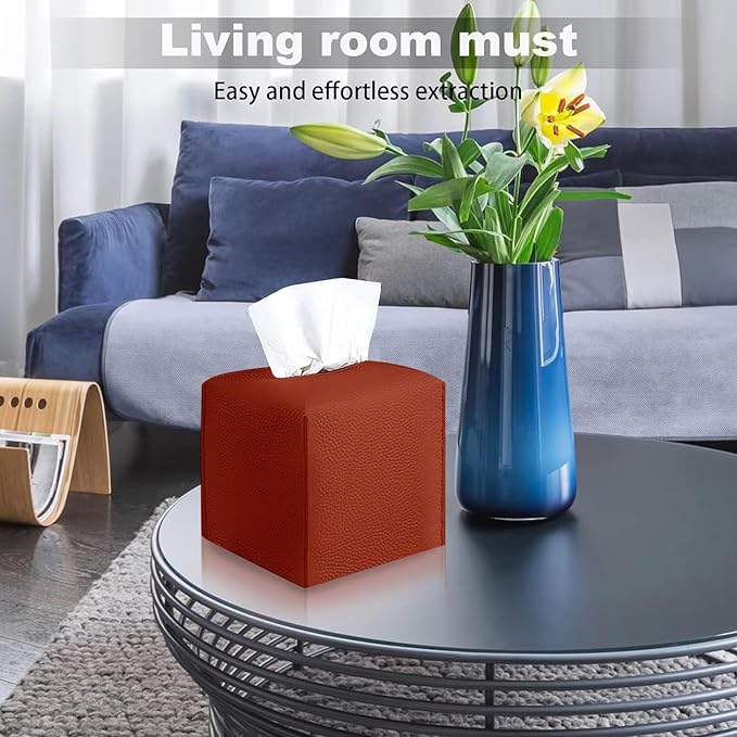 2 Pack, VIVIDLY Tissue Box Cover Holder, Square Modern PU Leather Tissue Box Holder, Can be Used for Bathroom Dressing Table, Bedside Table, Office Desk & Car 5"X5"X5"- (2, Reddish Brown)