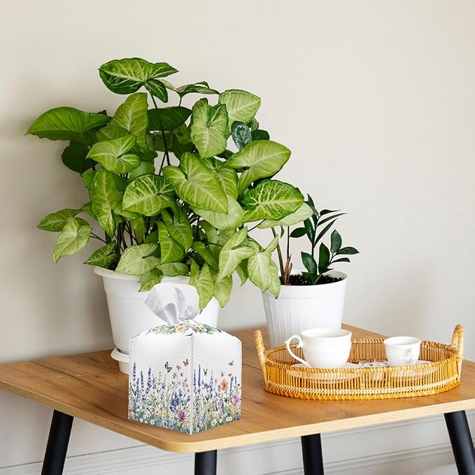 Wildflower Tissue Box Cover Colorful Spring Meadow Butterfly Garden Square PU Leather Waterproof Tissue Box Holder for Car Bathroom Bedroom Office Tabletop Decor