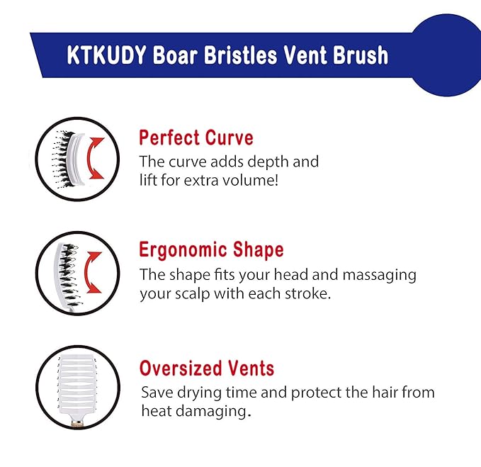 KTKUDY Detangling Hair Brush - Boar Bristle & Tangle-Free Design for Kids, Women, and Men - Perfect for Wet and Dry Hair - Smooth, Magical Pain-Free Styling (White)