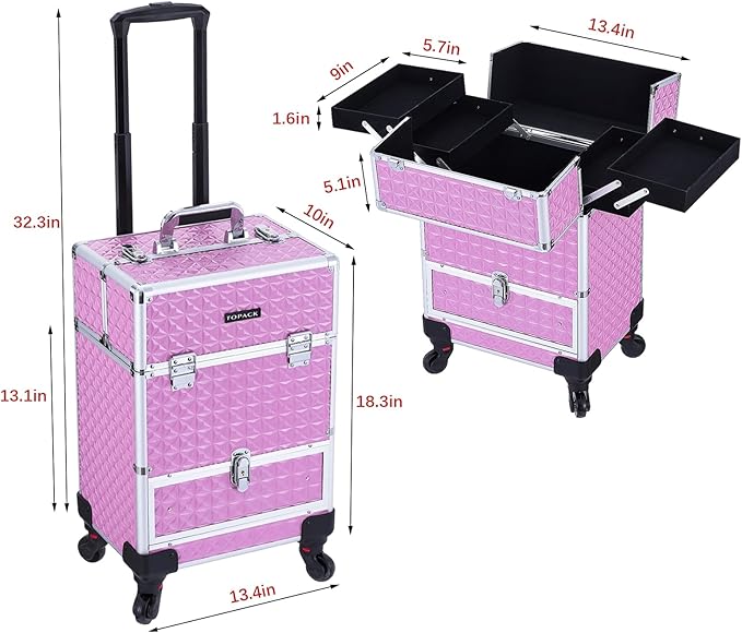 TOPACK Rolling Makeup Train Case,Professional Cosmetology Case on Wheels,Large Cosmetic Organizer Trolley Case,Makeup Travel Case with Draws,Nail Artist Hairstylist Storage Traveling Cart Trunk,Pink