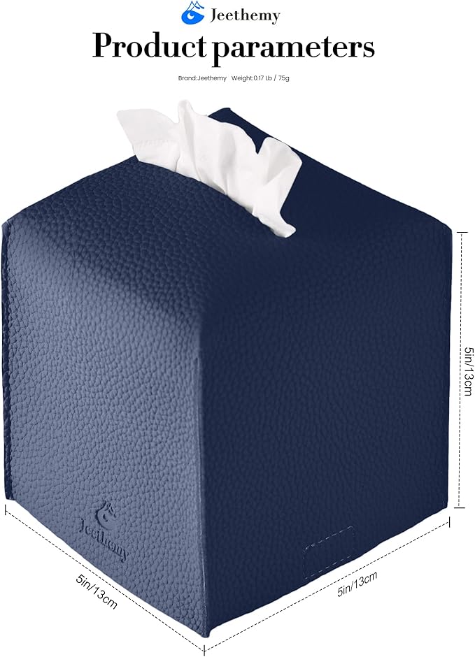 Tissue Box Cover, Jeethemy Square PU Leather Tissue Box Holder, Modern Tissue Case Facial Paper Organizer Dispenser，5X5X5'',Single Navy Blue