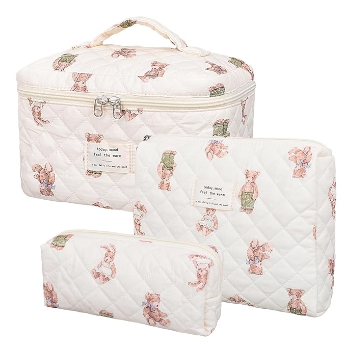Makeup Bag,Quilted Cosmetic Bag,Large Floral Make Up Bag for Women,Cotton Makeup Bag Set,Flower Travel Toiletry Bag