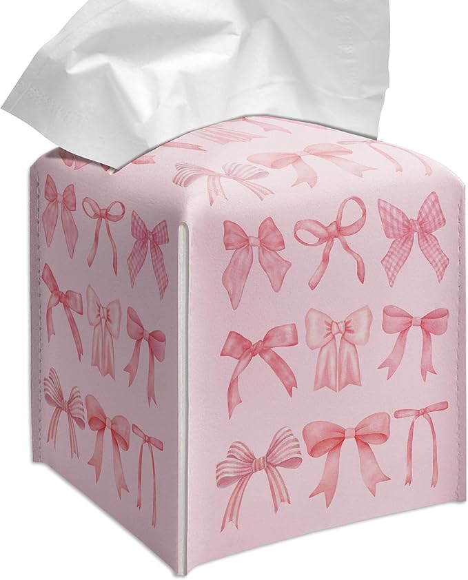 Grace Yonks Cute Tissue Box Cover Square - Allover Pink Bow Design 5.2" PU Leather Holder for Vanity, Desk, or Bathroom Counter - Cube Case for Facial Tissues(009)