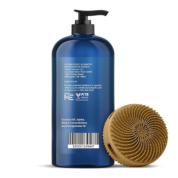Botanic Hearth Tea Tree & Mint Body Wash with Silicone Dual-Sided Design Body Brush & Scrubber | Infused with 100% Pure Tea Tree Oil, Coconut, Jojoba |Foot & Body Cleanser | Paraben Free |16 fl oz