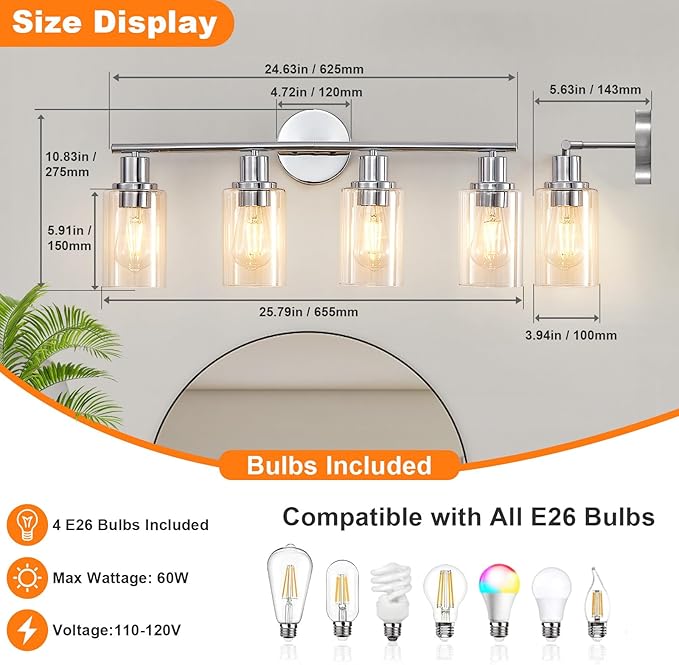 DLLT 4-Light Bathroom Light Fixtures: Chrome Modern Vanity Lights with 4 E26 Bulbs - Clear Glass Shade Bathroom Wall Lamp for Mirror Kitchen Living Room Hallway Cabinet Porch