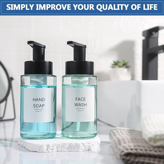 Foaming Soap Dispenser, 10 oz/300ml Foaming Hand Soap Dispenser, 2 Pack Glass Foaming Soap Dispenser for Bathroom & Kitchen, Clear Refillable Foam Soap Dispenser Bottle with Waterproof Labels