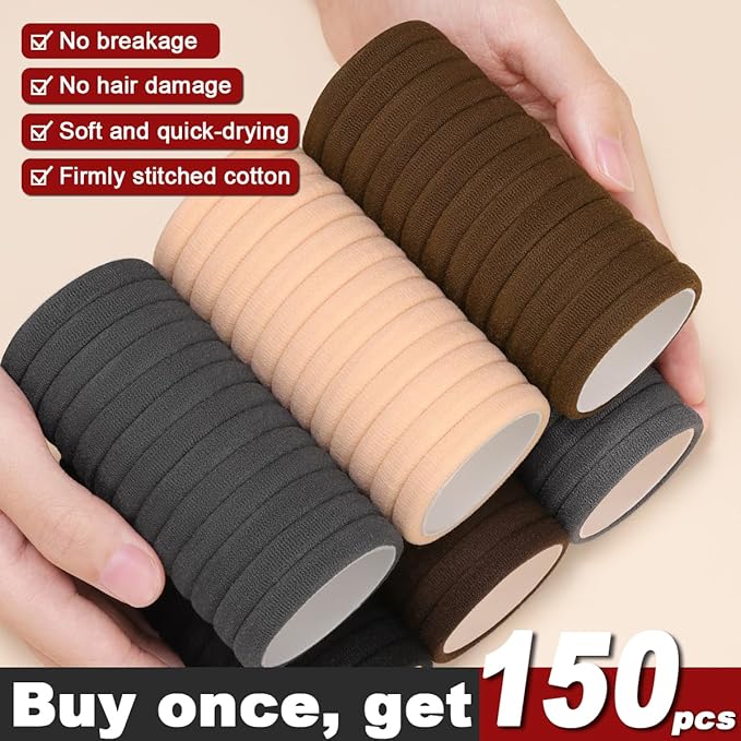 IKOCO 150PCS Hair Ties No Damage for Women, Ouchless Cotton Hair Ties for Thick Hair, Multicolor