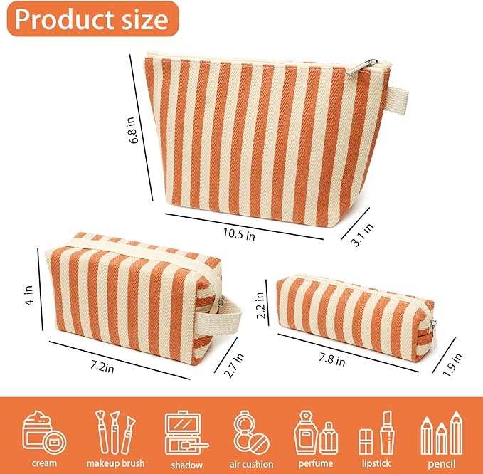 3 Pcs Makeup Bag Set Striped Canvas Purse Cosmetic Bag For Women Travel Toiletry Pouch Organizer pencil case (Orange-White)